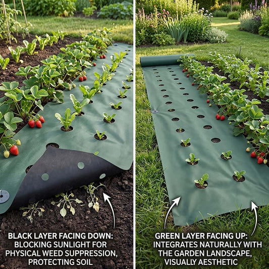 Green side facing upward and black side facing soil on Nunalo pre-cut weed barrier fabric