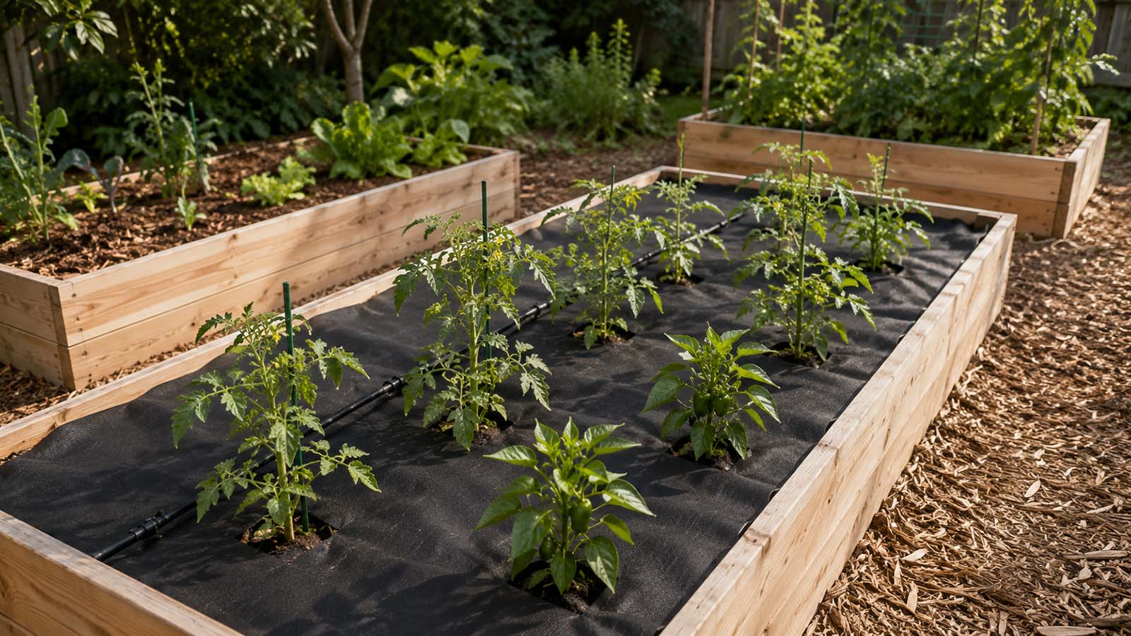 Black landscape fabric installed around vegetables in organized raised garden beds