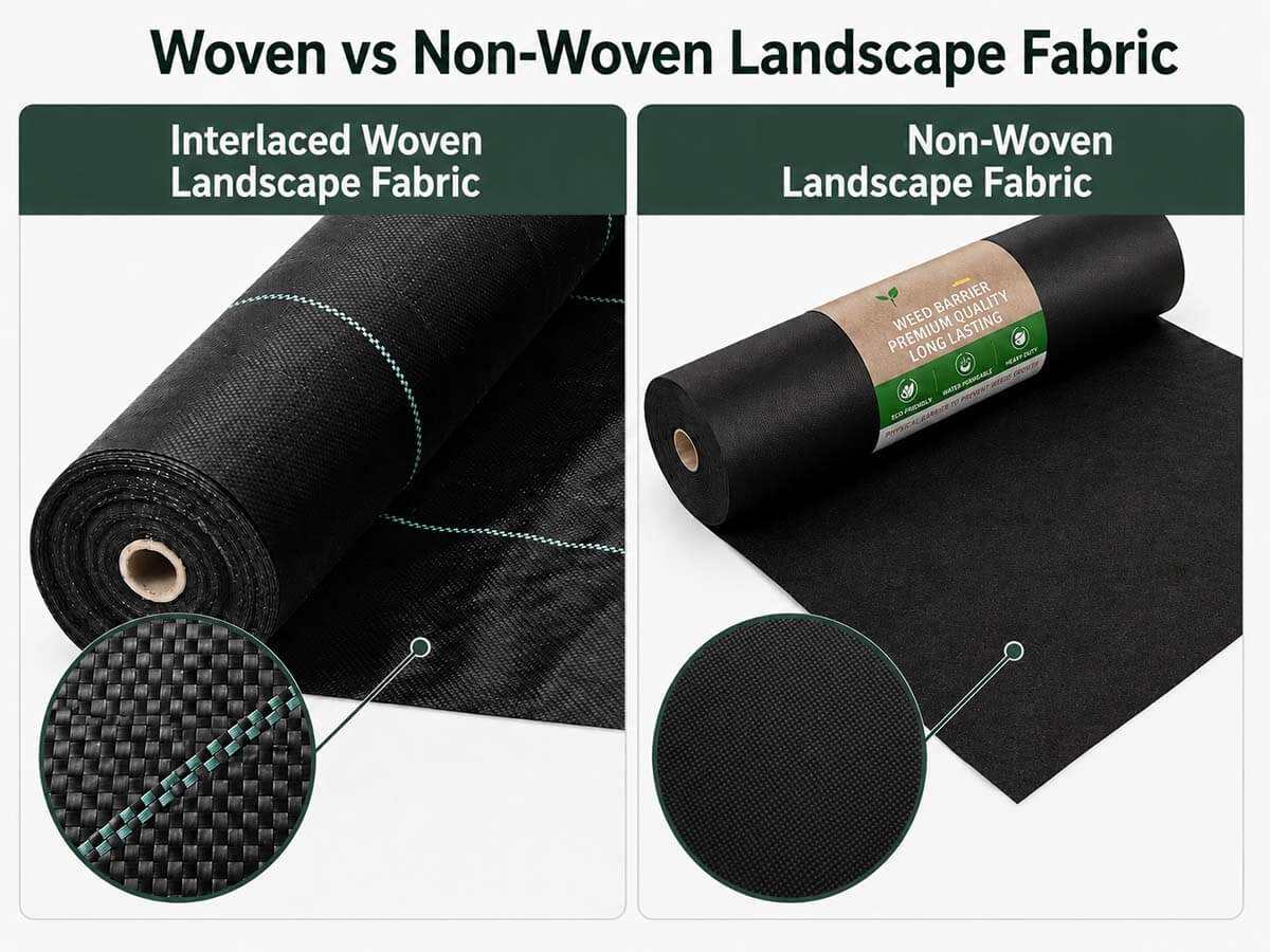 Close-up comparison of interlaced woven landscape fabric and bonded non-woven landscape fabric
