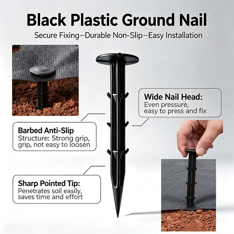 Features of Nunalo black plastic ground pin with wide head, barbed grip and pointed tip