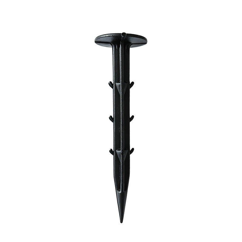Nunalo black plastic ground pin for securing weed barrier fabric and garden materials