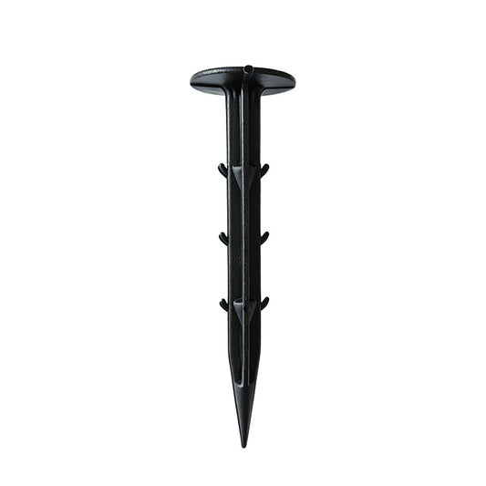 Nunalo black plastic ground pin for securing weed barrier fabric and garden materials