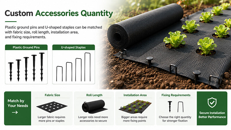 Custom plastic ground pins and U-shaped staples quantity matched with weed barrier fabric installation needs
