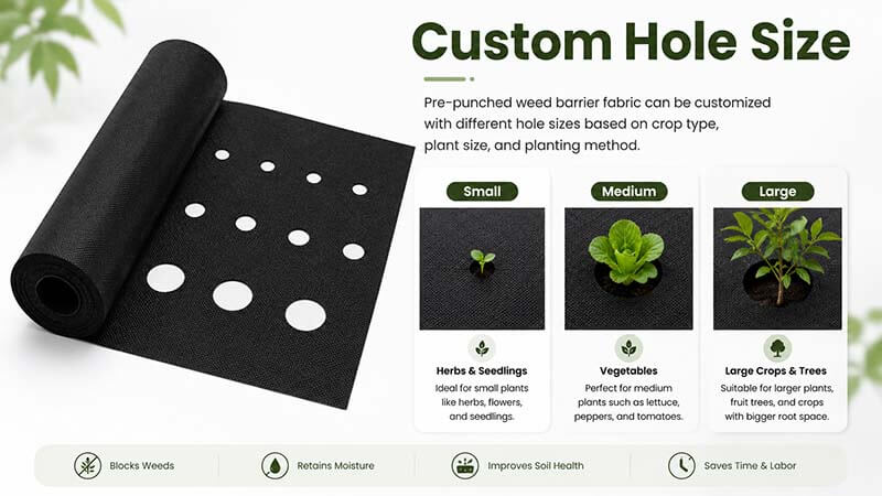 Custom hole size options for pre-punched weed barrier fabric based on crop type and planting method