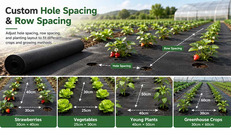 Custom hole spacing and row spacing for pre-punched weed barrier fabric used in organized planting rows