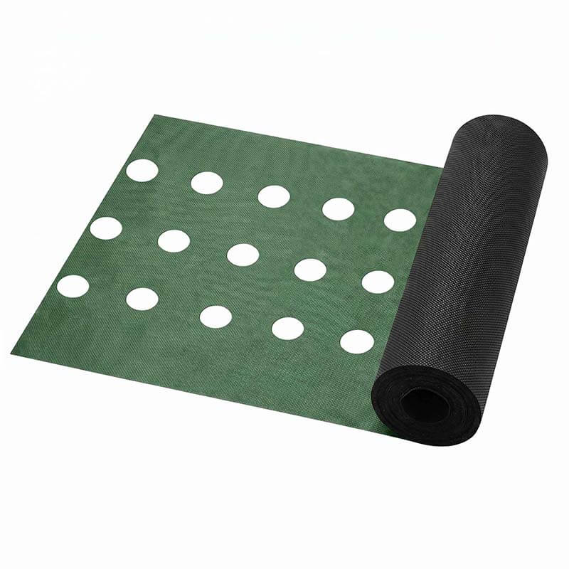 Green and black weed barrier fabric roll with pre-cut planting holes