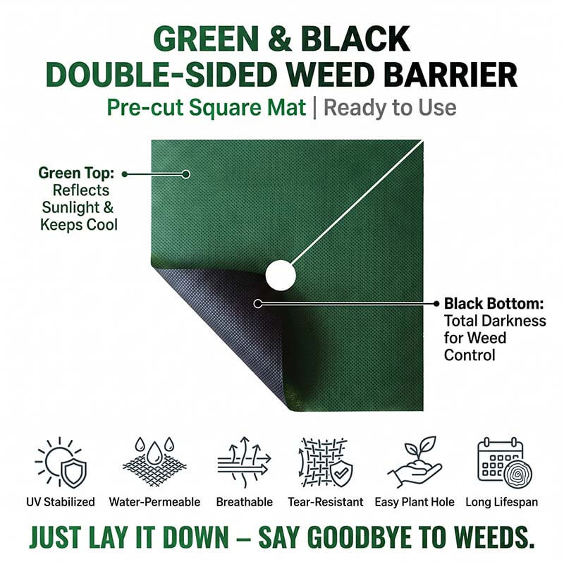 Features of Nunalo green and black non-woven tree weed barrier mat