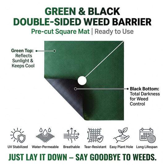 Features of Nunalo green and black non-woven tree weed barrier mat