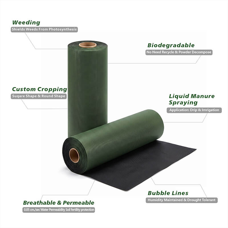 Features of Nunalo green and black non-woven weed barrier fabric for outdoor landscaping