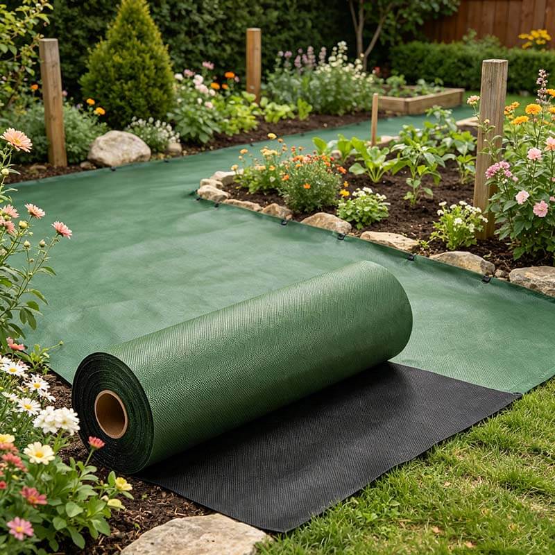 Nunalo green and black non-woven weed barrier fabric installed in a landscaped garden