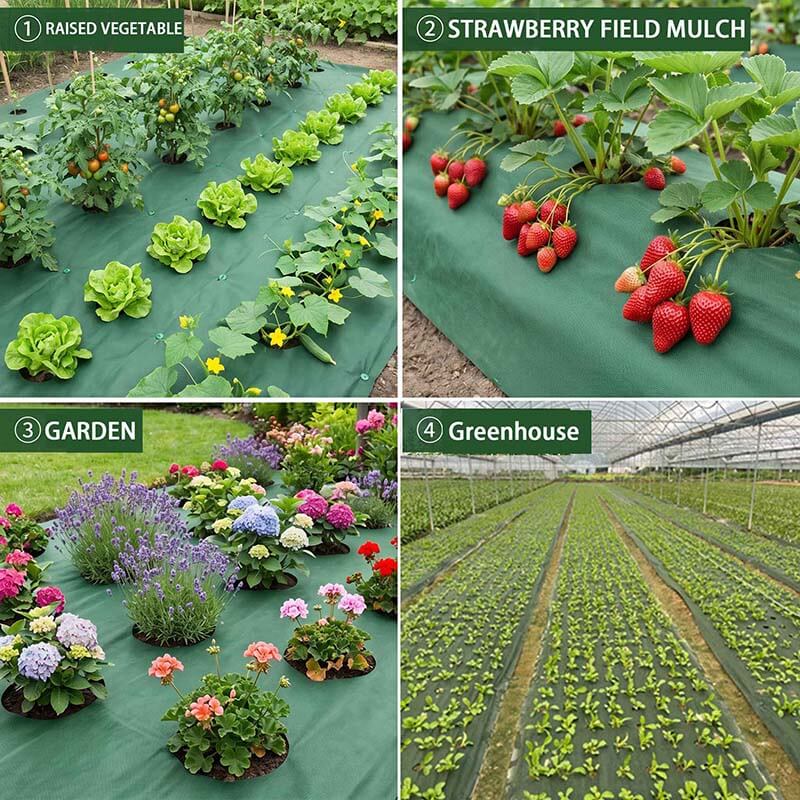 Green pre-cut weed barrier fabric used in vegetable gardens, strawberry beds and greenhouses