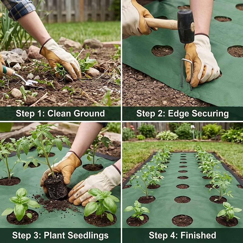 Four-step installation guide for Nunalo green pre-cut hole weed barrier fabric