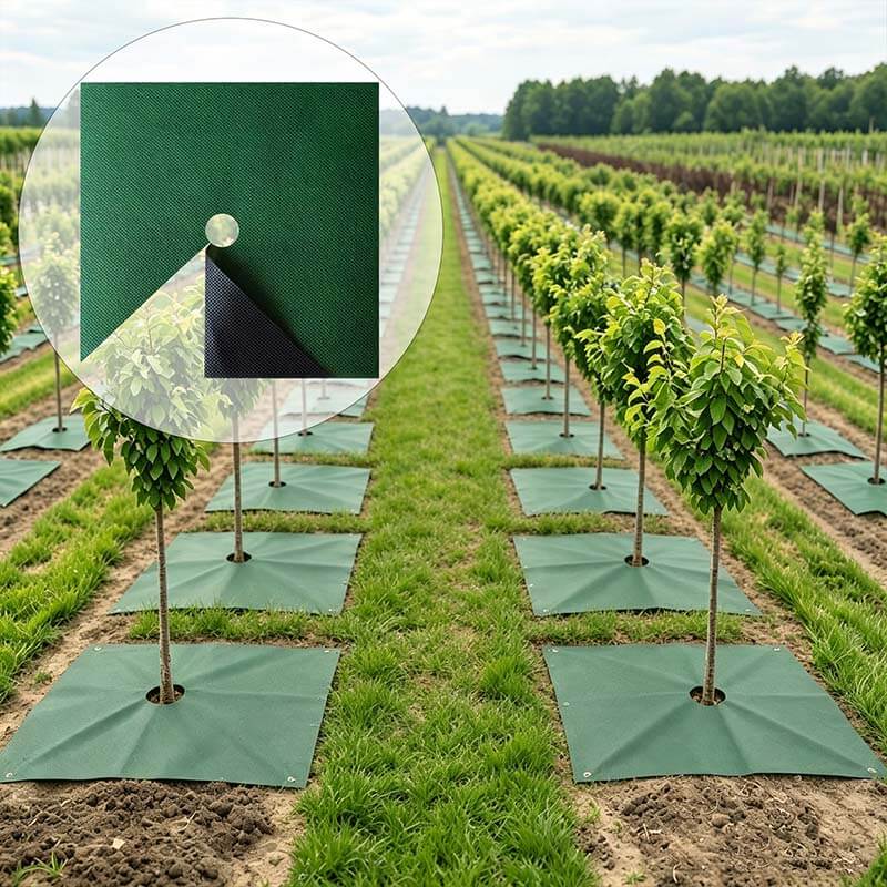 Green square weed barrier mats installed around young trees in an orchard