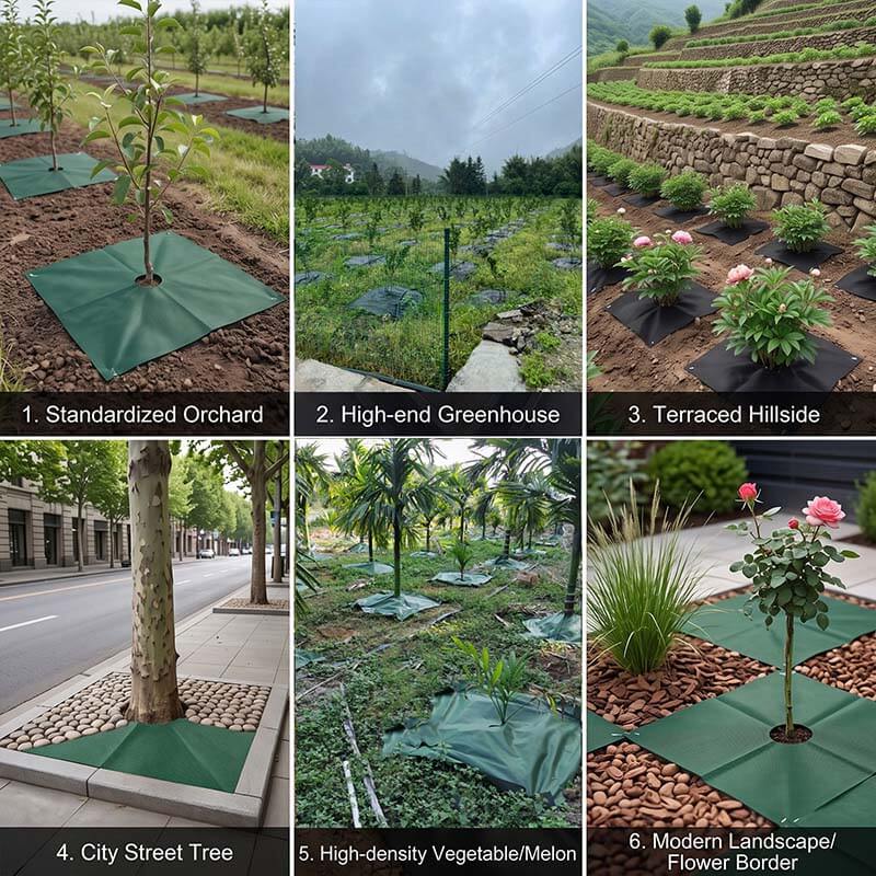 Green square tree weed barrier mats used in orchards, gardens and landscaped areas