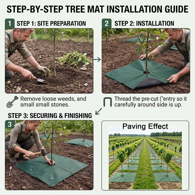 Step-by-step guide to installing a green square weed barrier mat around a tree