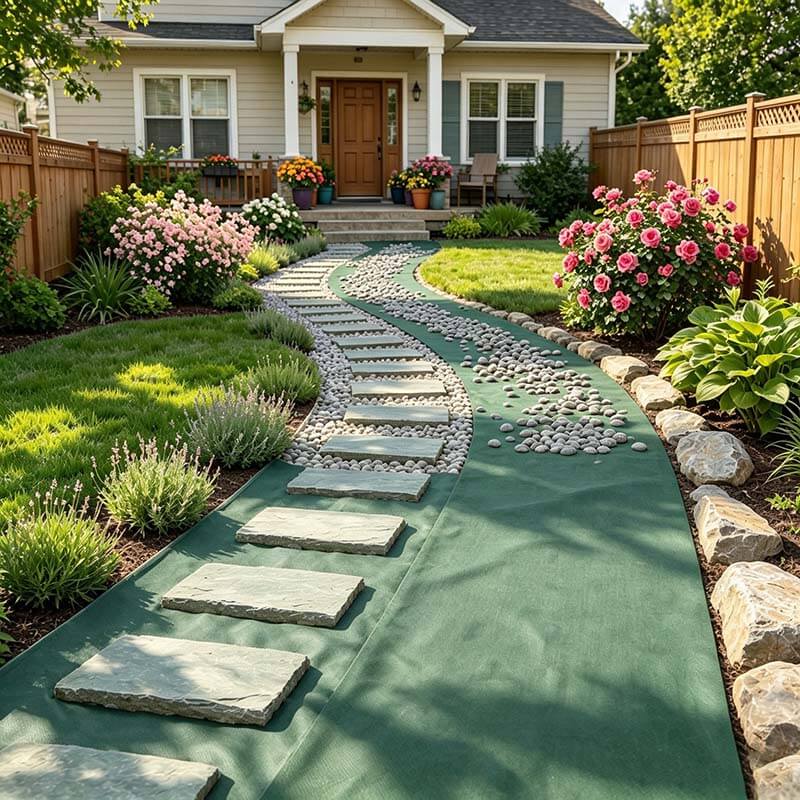 Green non-woven landscape fabric beneath stepping stones and decorative pebbles