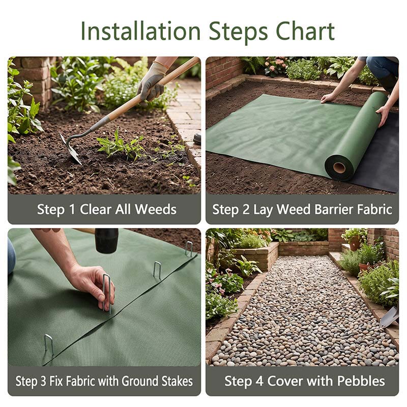 Four-step installation guide for Nunalo green non-woven weed barrier fabric