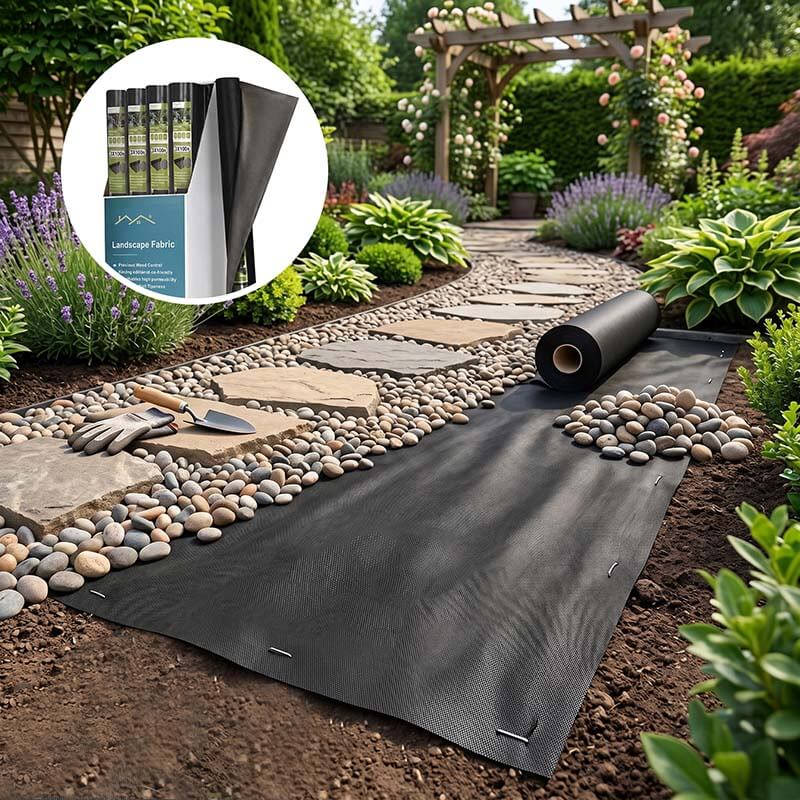 Black landscape fabric installed beneath decorative stones on a garden path