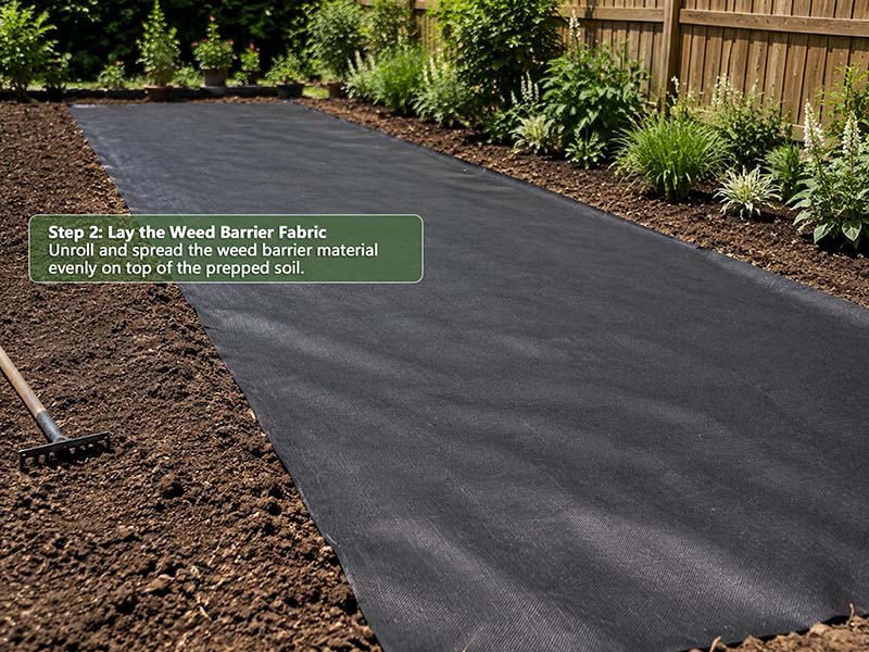 Laying weed barrier fabric over prepared soil in a garden bed