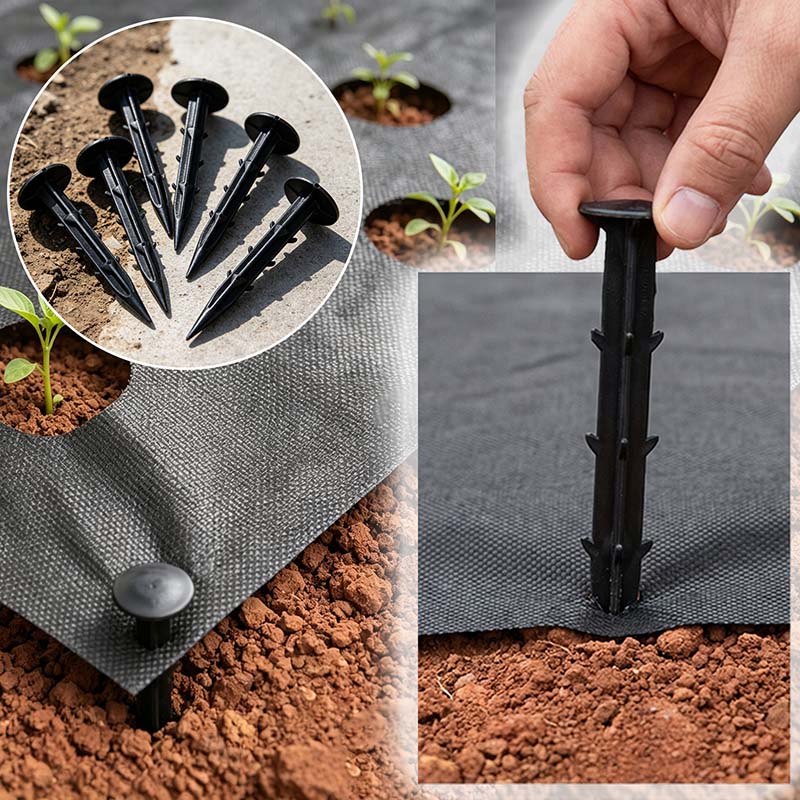 Black plastic ground pins securing weed barrier fabric in soil