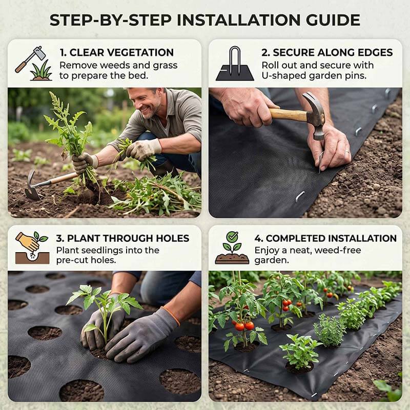 Four-step guide to installing Nunalo pre-cut hole weed barrier fabric