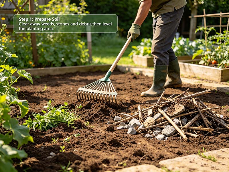 Preparing and leveling soil before installing weed barrier fabric