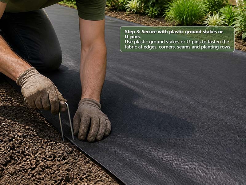 Securing weed barrier fabric edges with plastic ground pins and U-shaped staples
