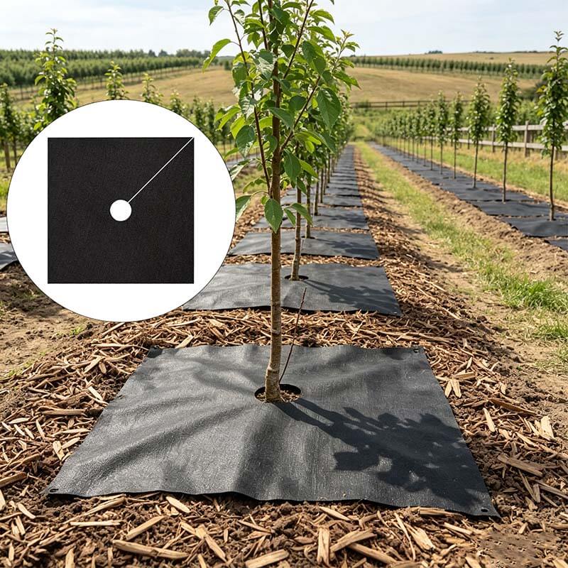 Black square weed barrier mats installed around young trees in an orchard