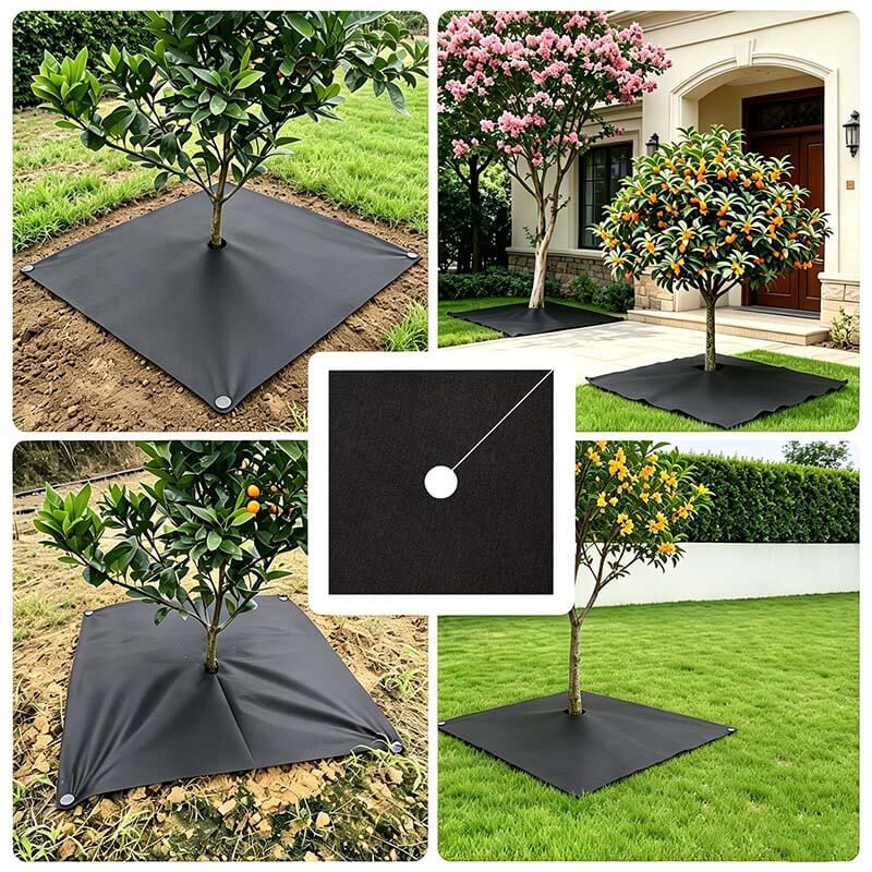 Square weed barrier mats used around fruit trees and decorative garden trees