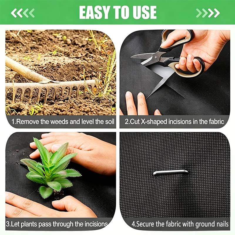 Four-step guide to installing Nunalo weed barrier fabric in a garden bed